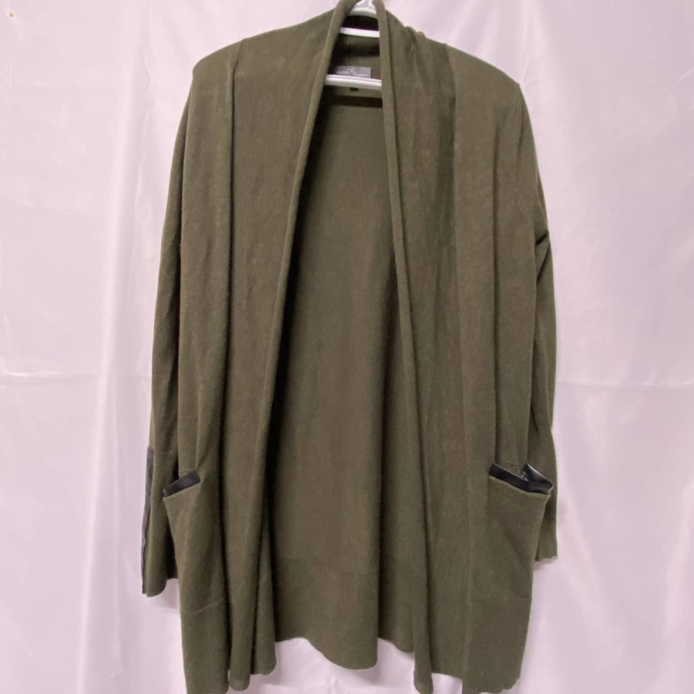 Market & Spruce Open Cardigan Drape Front 2 Pocket Sweater Faux Leather Trim M